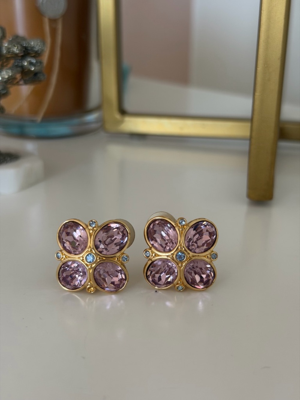 Vintage Swarovski Signed Gold Tone Ribbed Sunburst Clip-On Button Earrings
